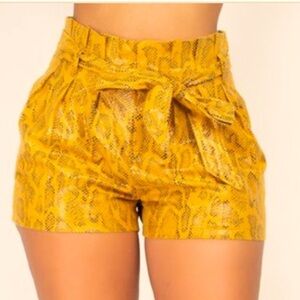 New On Trend Mustard Faux Leather Snake Skin High Waisted Paper Bag Shorts